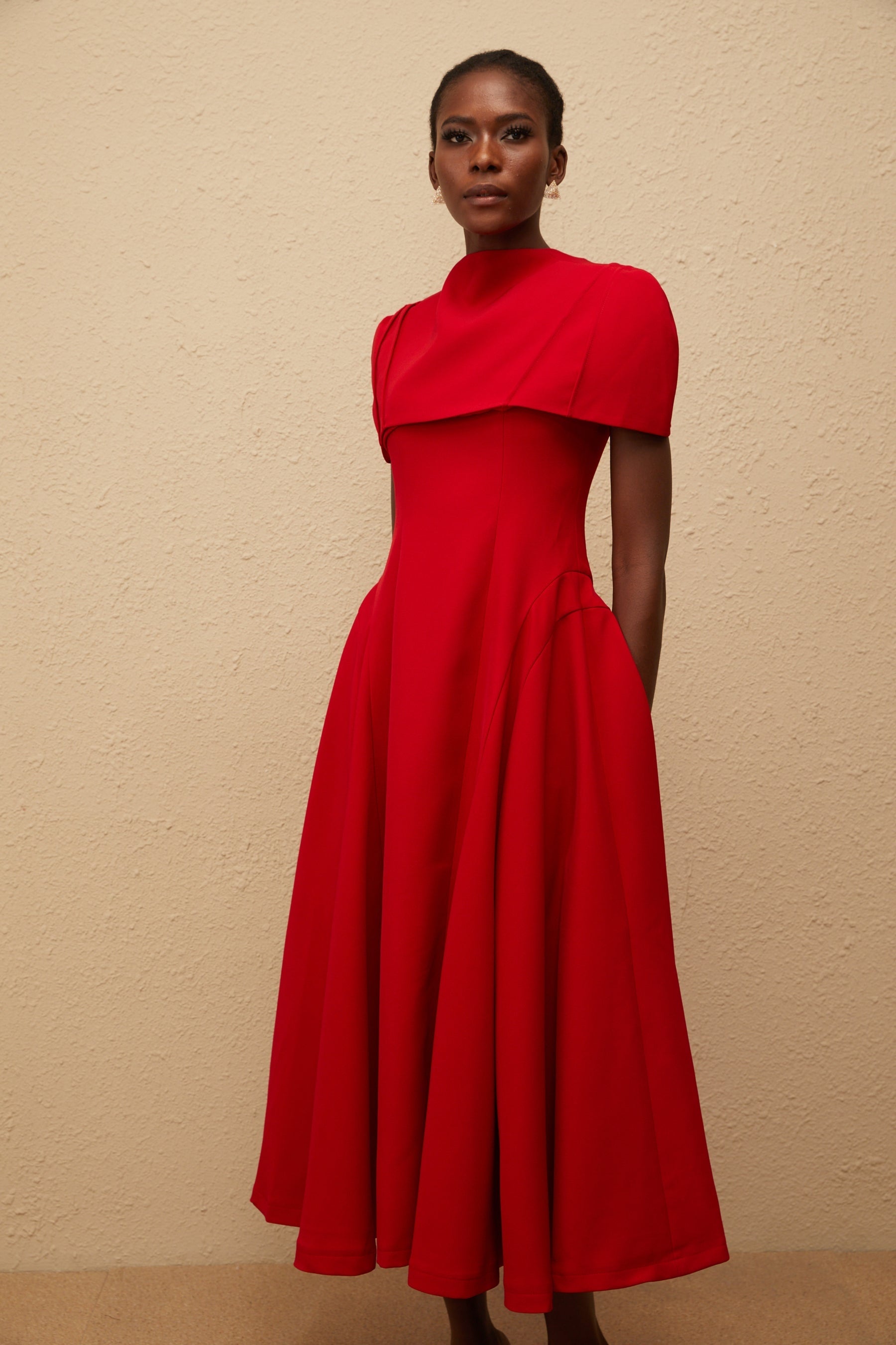Danaé Red Asymmetrical Midi Dress with Shawl Detail