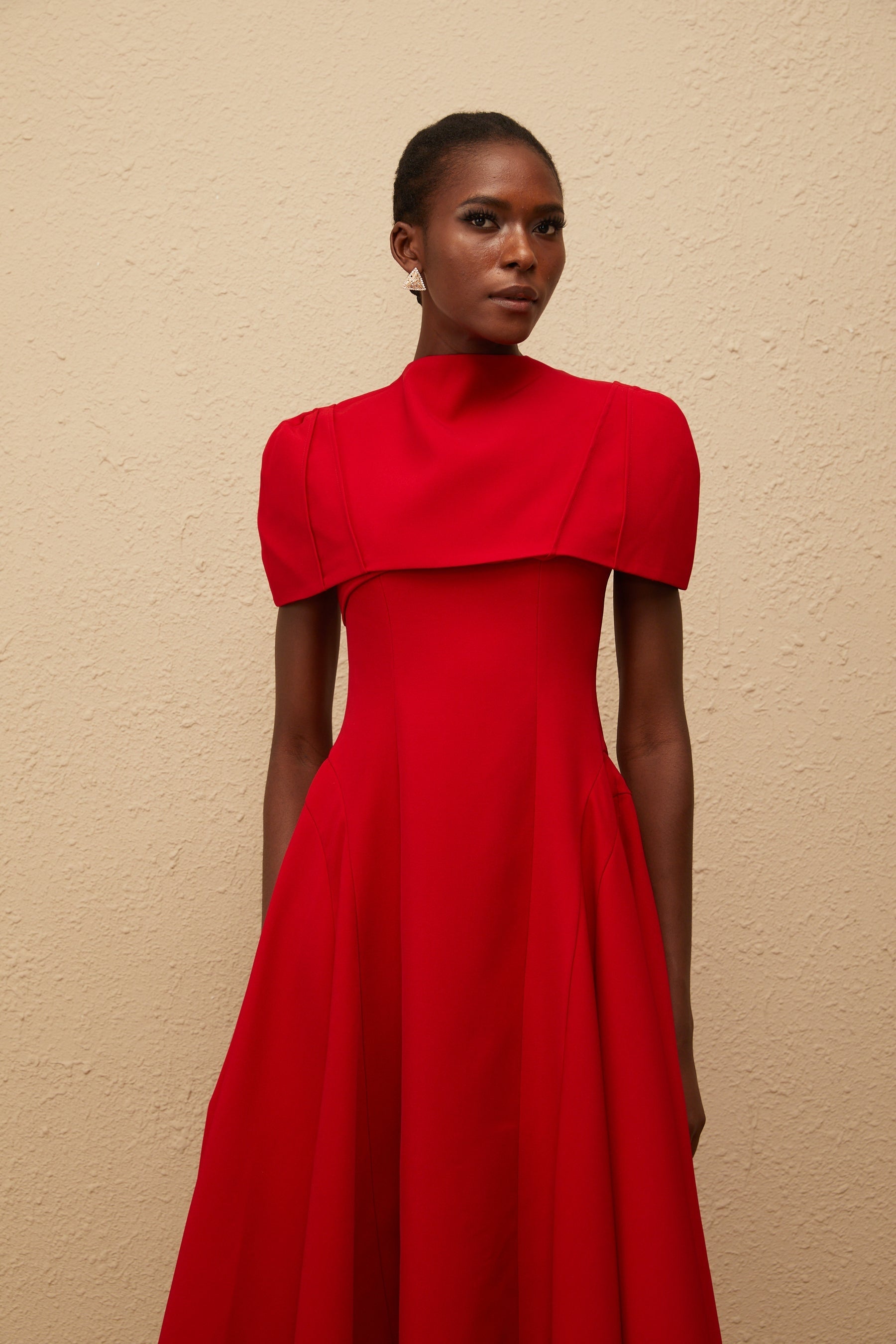Danaé Red Asymmetrical Midi Dress with Shawl Detail