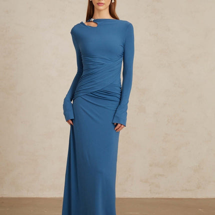 Daneysha Royal Blue Ruched Maxi Gown in Blue color