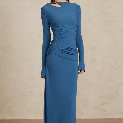 Daneysha Royal Blue Ruched Maxi Gown women's fashion dress in Blue color