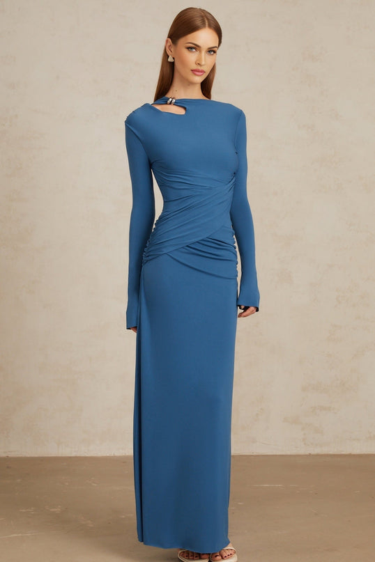 Daneysha Royal Blue Ruched Maxi Gown women's fashion dress in Blue color