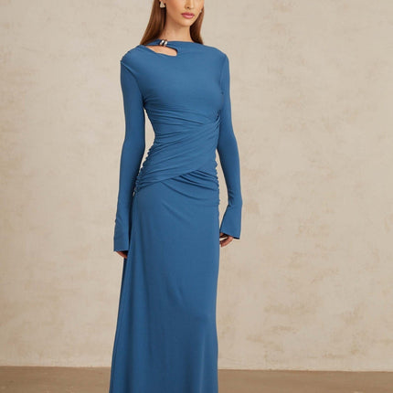 Daneysha Royal Blue Ruched Maxi Gown women's formal dress in Blue color with bateau neck and long sleeves