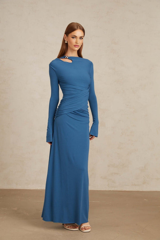 Daneysha Royal Blue Ruched Maxi Gown women's formal dress in Blue color with bateau neck and long sleeves