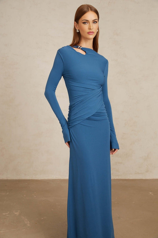 Daneysha in Royal Blue Ruched Maxi Gown with Bateau Neck and Flared Cuffs