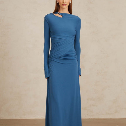 Daneysha in Royal Blue Ruched Maxi Gown with Bateau Neck and Long Sleeves