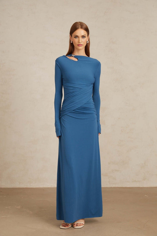 Daneysha in Royal Blue Ruched Maxi Gown with Bateau Neck and Long Sleeves