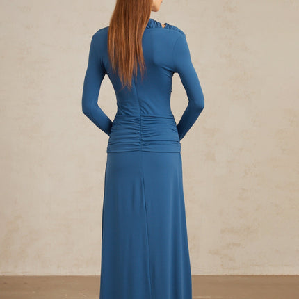 Daneysha Royal Blue Ruched Maxi Gown elegant bateau neck long sleeves flared cuffs fitted waistline ruched detailing cut-out design silver-tone pin stretch design rear zip fastening Terylene fiber Spandex maxi-length dress special occasion