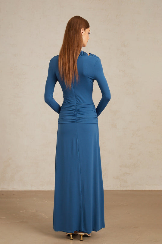 Daneysha Royal Blue Ruched Maxi Gown elegant bateau neck long sleeves flared cuffs fitted waistline ruched detailing cut-out design silver-tone pin stretch design rear zip fastening Terylene fiber Spandex maxi-length dress special occasion