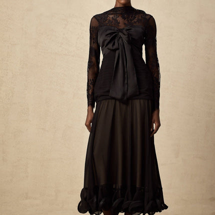 Daniela Black Floral Lace Midi Dress with Bowknot Detailing