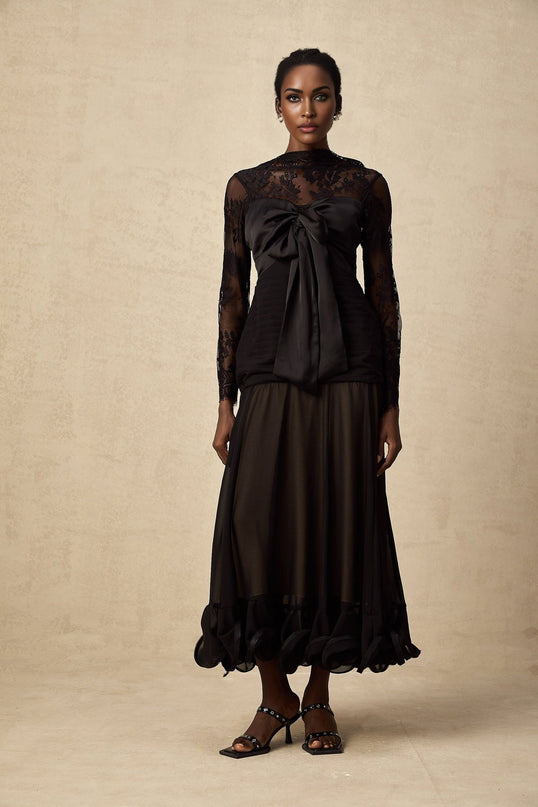Daniela Black Floral Lace Midi Dress with Bowknot Detailing