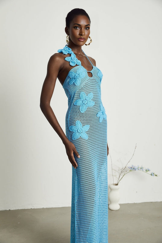 Daniela Blue Knitted Maxi Dress with Faux-Flower Embellishment