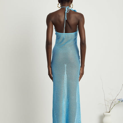 Daniela Blue Maxi Dress with Faux-Flower Embellishment Halterneck and Open Back Design