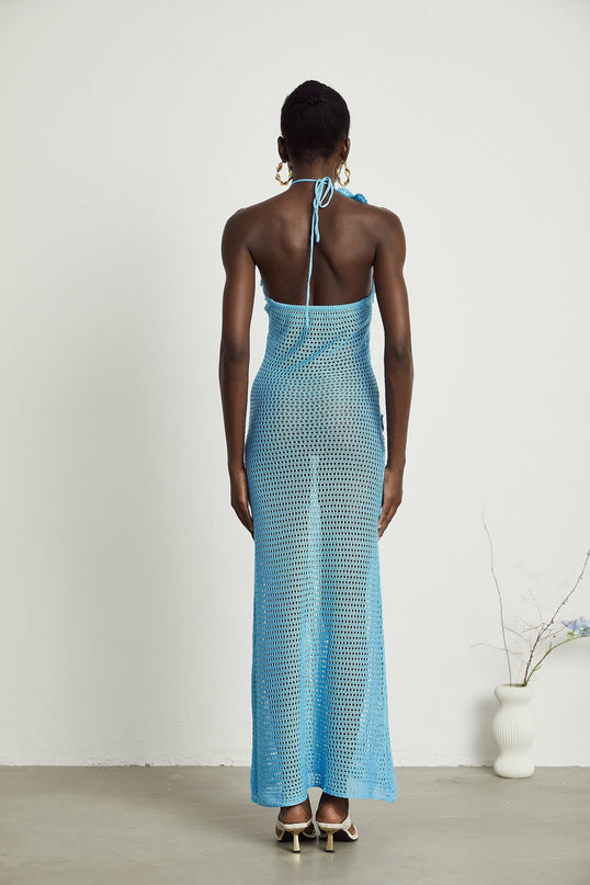 Daniela Blue Maxi Dress with Faux-Flower Embellishment Halterneck and Open Back Design