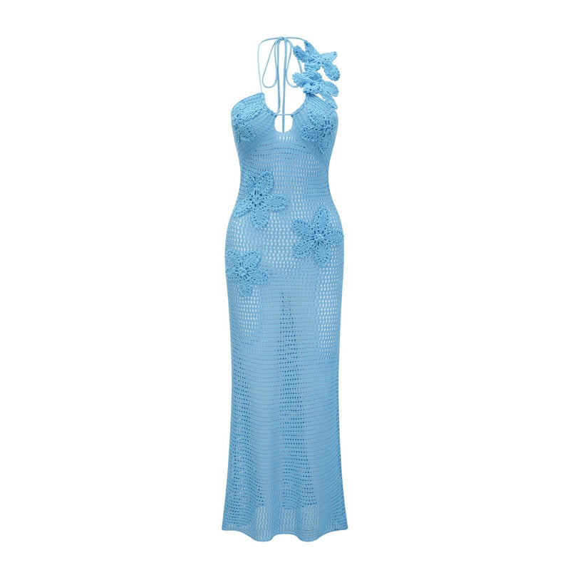 Daniela Blue Maxi Dress Faux-Flower Embellishment Halterneck Open Back Cut-Out Detailing Bustier Style Stretch Fabrics Elegant Glamorous Sophisticated Fashion-Forward Statement Piece
