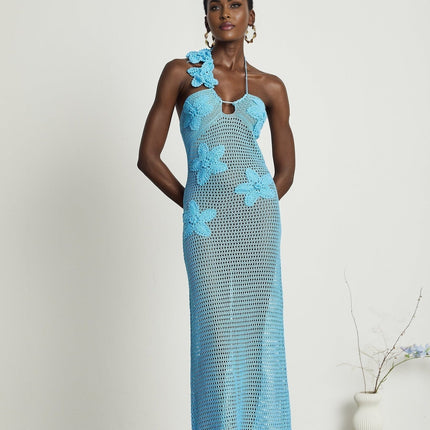 Daniela Blue Maxi Dress with Faux-Flower Embellishment Halterneck and Open Back Design