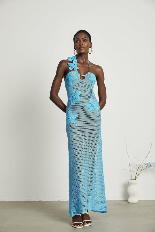 Daniela Blue Maxi Dress with Faux-Flower Embellishment Halterneck and Open Back Design