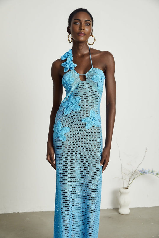 Daniela Blue Maxi Dress Knitted Halterneck Open Back Faux-Flower Embellishment