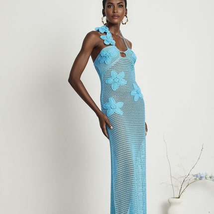 Daniela Blue Maxi Dress with Faux-Flower Embellishment Halterneck and Open Back Design