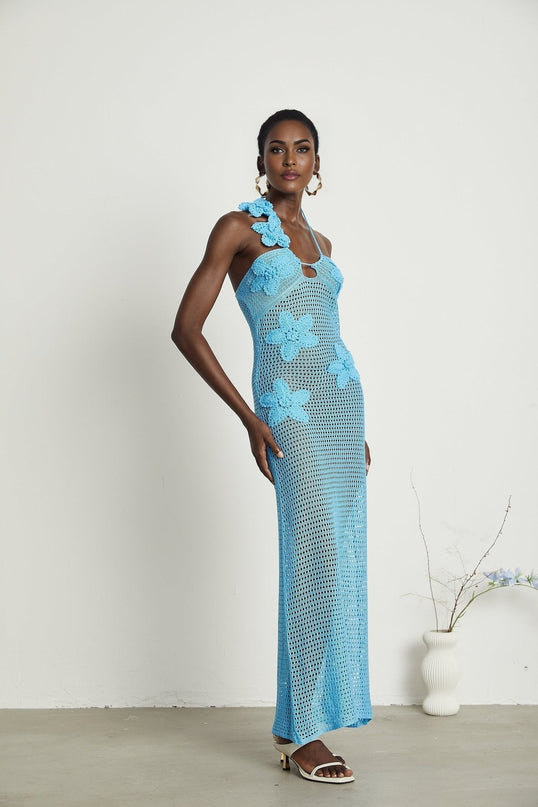 Daniela Blue Maxi Dress with Faux-Flower Embellishment Halterneck and Open Back Design