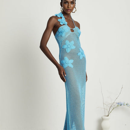 Daniela Blue Maxi Dress Faux-Flower Embellished Halterneck Open Back Cut-Out Detailing Bustier Style Stretch Fabrics Special Occasions Statement Refined Style Fashion-Forward