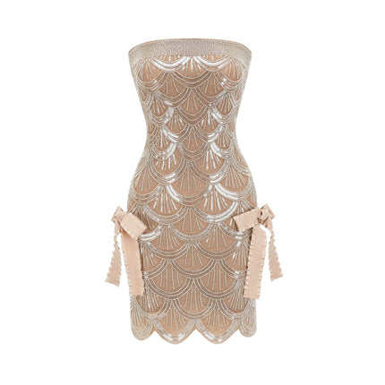 Daniela Brown and Silver Sequin Mini Dress with Off-the-Shoulder Design and Bowknot Detail