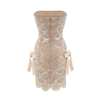 Daniela Brown and Silver Sequin Mini Dress with Off-the-Shoulder Design and Bowknot Detail in 100% Polyester Fiber