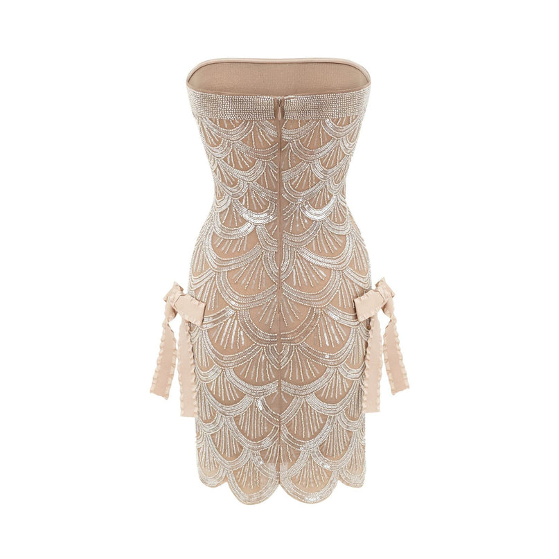 Daniela Brown and Silver Sequin Mini Dress with Off-the-Shoulder Design and Bowknot Detail in 100% Polyester Fiber