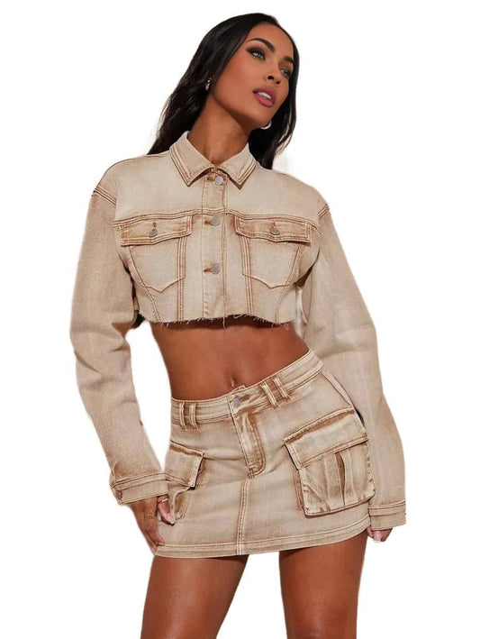 Daniela Cropped Denim Jacket with Pockets in Khaki - XS