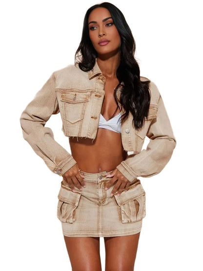 Daniela Cropped Denim Jacket with Pockets in Khaki - XS