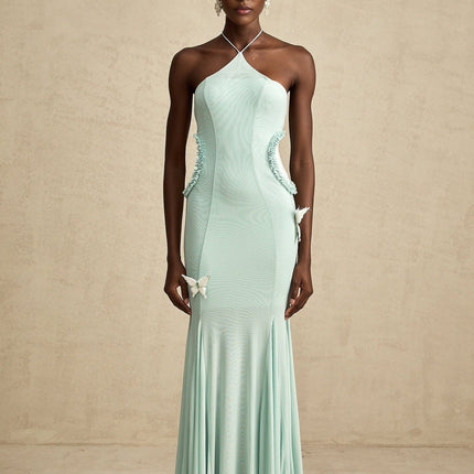 Daniela Green Maxi Dress Halterneck Tie Ruffled Tulle Butterfly Pleats Rear Zip 85% Terylene 15% Elastane