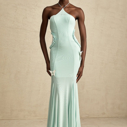 Daniela Green Maxi Dress Halterneck Tie Ruffled Tulle Pleated Butterfly Detail 85% Terylene 15% Elastane