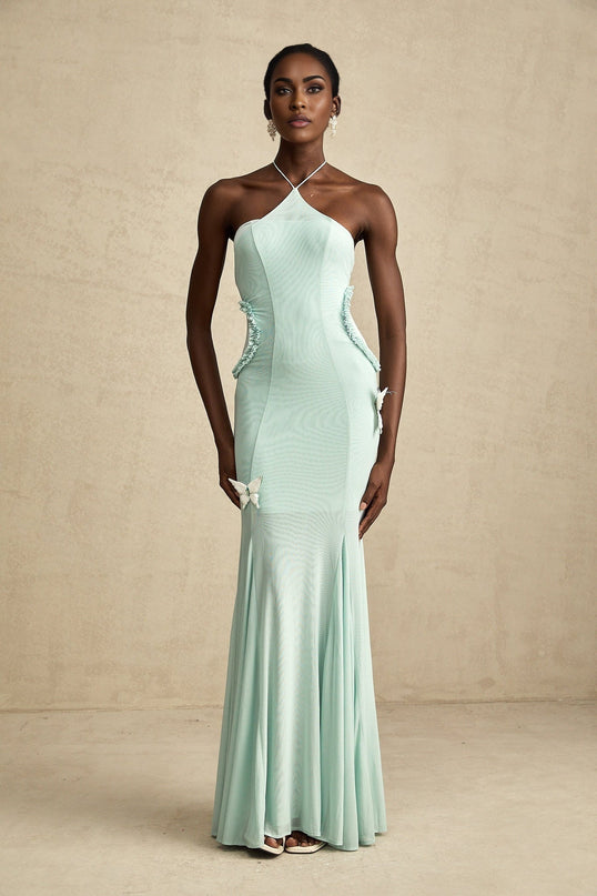 Daniela Green Maxi Dress Halterneck Tie Ruffled Tulle Pleated Butterfly Detail 85% Terylene 15% Elastane