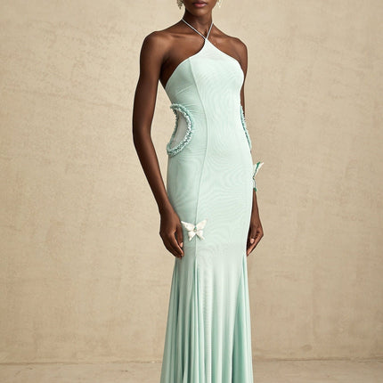 Daniela Green Maxi Dress Halterneck Tie Ruffled Tulle Butterfly Pleats 85% Terylene 15% Elastane