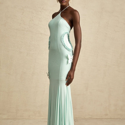 Daniela Green Maxi Dress Halterneck Tie Ruffled Tulle Butterfly Pleats Zip Fastening 85% Terylene 15% Elastane