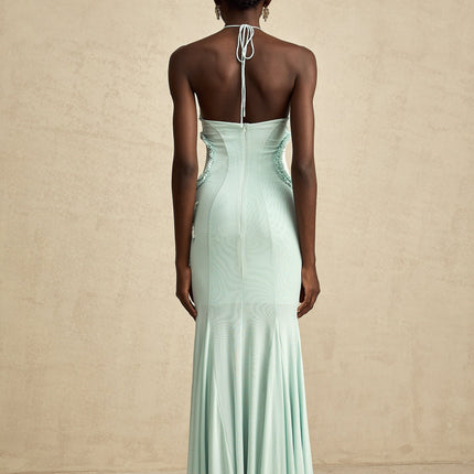 Daniela Green Maxi Dress Halterneck Tie Ruffled Tulle Pleated Accents Butterfly Decorations Rear Zip Fastening 85% Terylene 15% Elastane