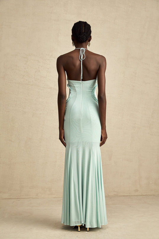 Daniela Green Maxi Dress Halterneck Tie Ruffled Tulle Pleated Accents Butterfly Decorations Rear Zip Fastening 85% Terylene 15% Elastane
