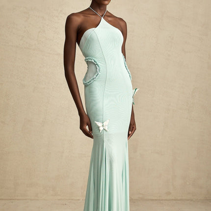 Daniela Green Maxi Dress Halterneck Tie Ruffled Tulle Pleated Accents Butterfly Decorations Rear Zip Fastening 85% Terylene 15% Elastane