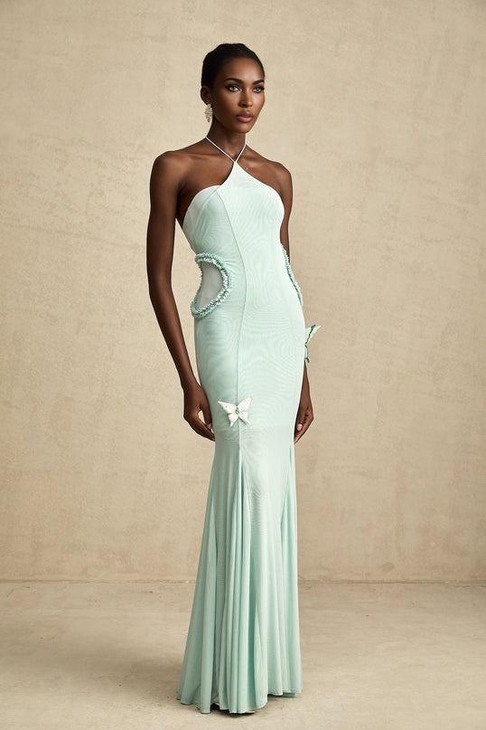 Daniela Green Maxi Dress Halterneck Tie Ruffled Tulle Pleated Accents Butterfly Decorations Rear Zip Fastening 85% Terylene 15% Elastane