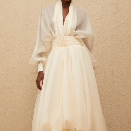 Daniela Maxi Dress in Cream White with V-Neck and Long Puff Sleeves