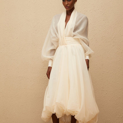Daniela Maxi Dress Cream White V-Neck Puff Sleeves Cinched Waist Tulle Fabric Draped Design Bubble Hem Side Zip Fastening Luxurious Terylene Fiber