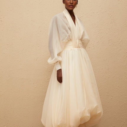 Daniela Maxi Dress Cream White V-Neck Puff Sleeves Cinched Waist Tulle Fabric Draped Design Bubble Hem Side Zip Fastening 100% Terylene Fiber