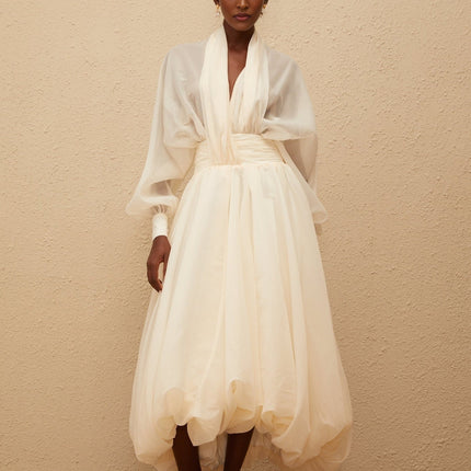 Daniela Maxi Dress Cream White V-neck Puff Sleeves Cinched Waist Tulle Fabric Draped Design Bubble Hem Side Zip Fastening