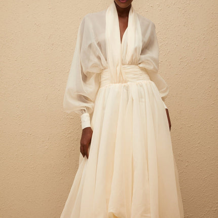 Daniela Maxi Dress Cream White V-Neck Puff Sleeves Cinched Waist Tulle Fabric Bubble Hem Side Zip Fastening