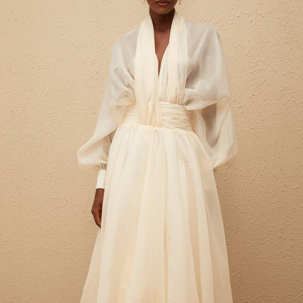 Daniela Maxi Dress Cream White V-Neck Puff Sleeves Cinched Waist Tulle Fabric Draped Design Bubble Hem Side Zip Fastening 100% Terylene Fiber