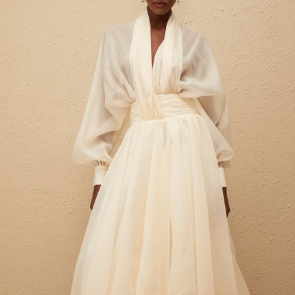 Daniela Maxi Dress Cream White V-neck Long Puff Sleeves Cinched Waist Tulle Fabric Draped Design Bubble Hem Side Zip Fastening 100% Terylene Fiber