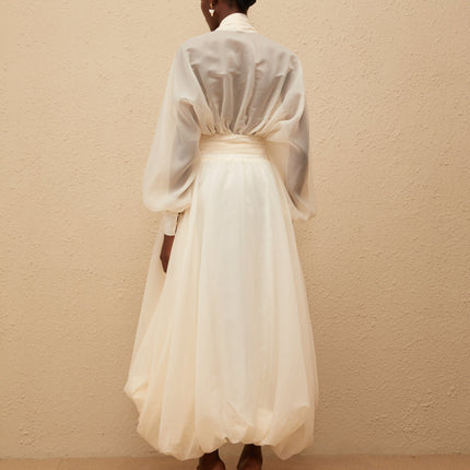 Daniela Maxi Dress Cream White Elegant V-Neck Puff Sleeves Cinched Waist Tulle Fabric Draped Design Bubble Hem Side Zip Fastening Luxurious Terylene Fiber