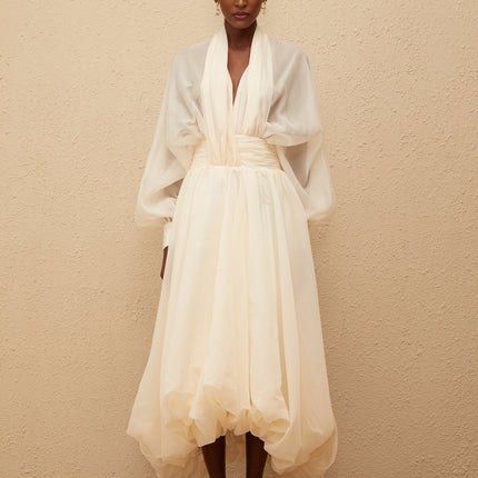 Daniela Maxi Dress White Tulle V-neck Puff Sleeves Cinched Waist Bubble Hem Side Zip Fastening