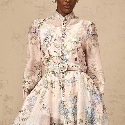 Daniela Pink Floral Print Mini Dress with Belted Waist and Long Sleeves