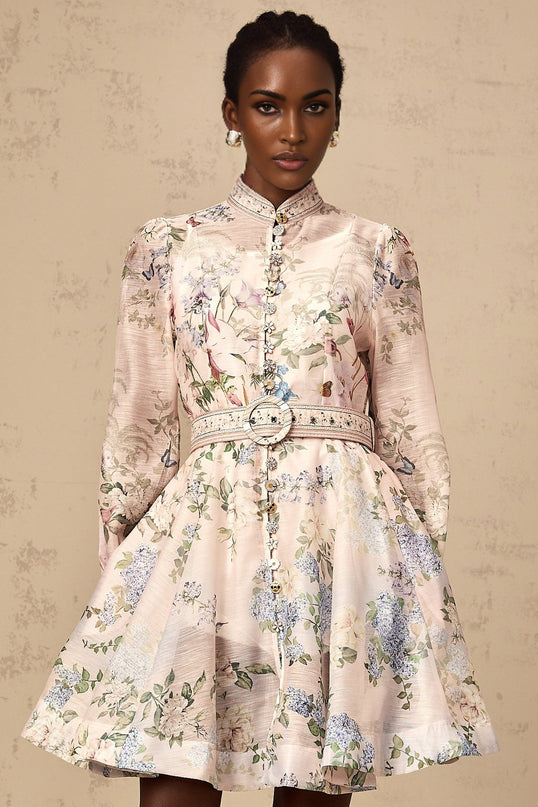Daniela Pink Floral Print Mini Dress with Belted Waist and Long Sleeves