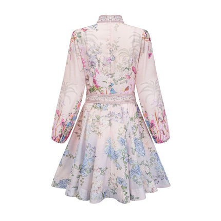 Daniela Pink Floral Mini Dress with Belted Waist Long Sleeves and Flounced Skirt